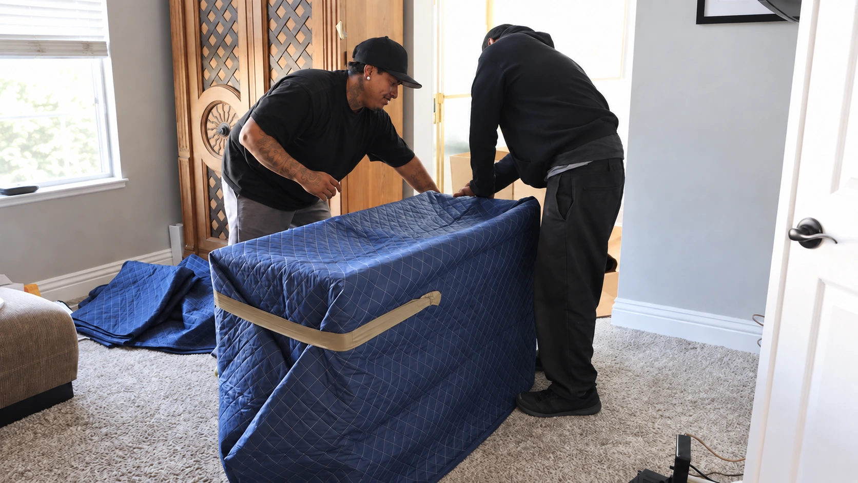 Movers unloading protected furniture near Bristol
