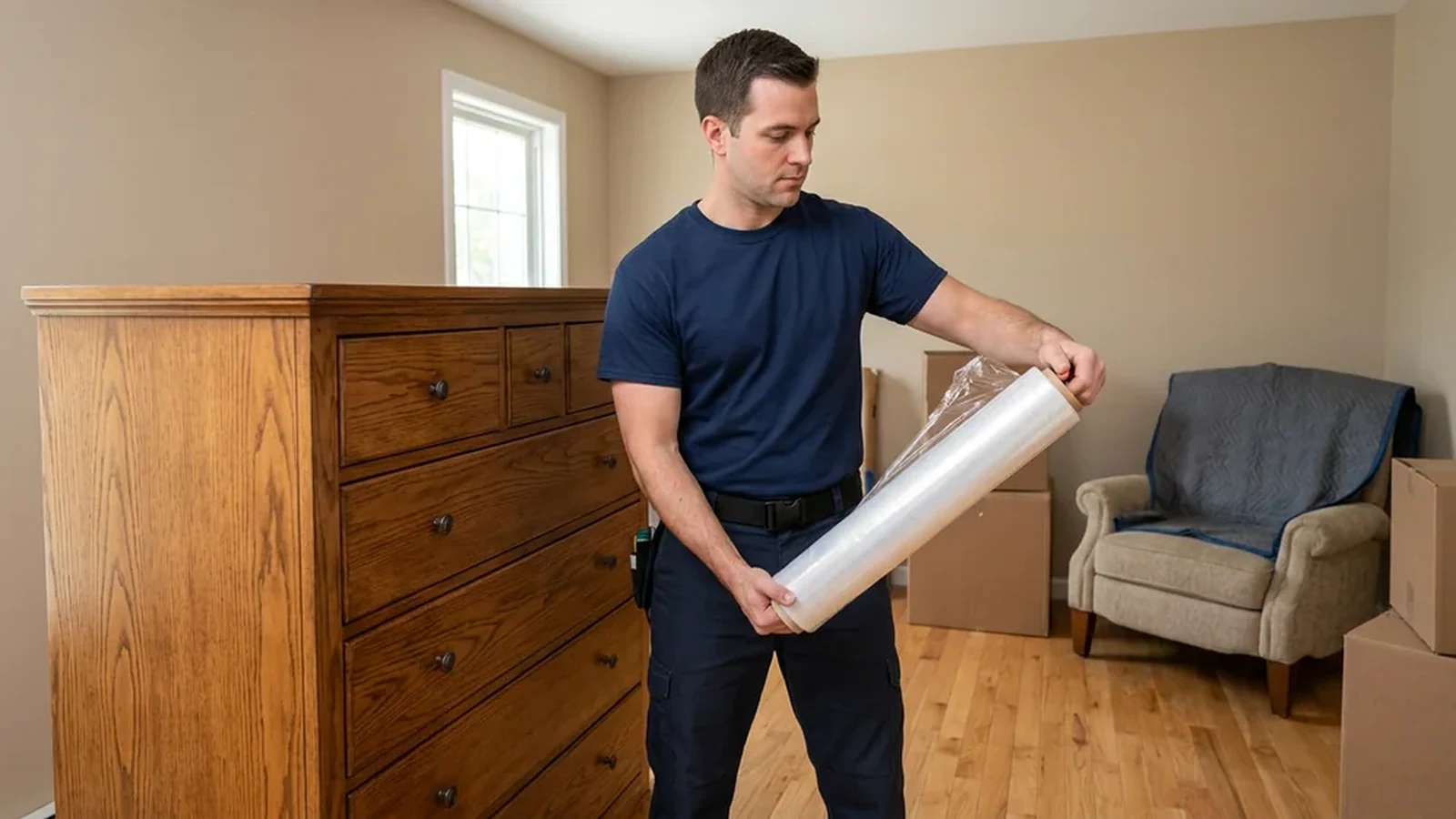 Movers carefully handling a large wooden armoire